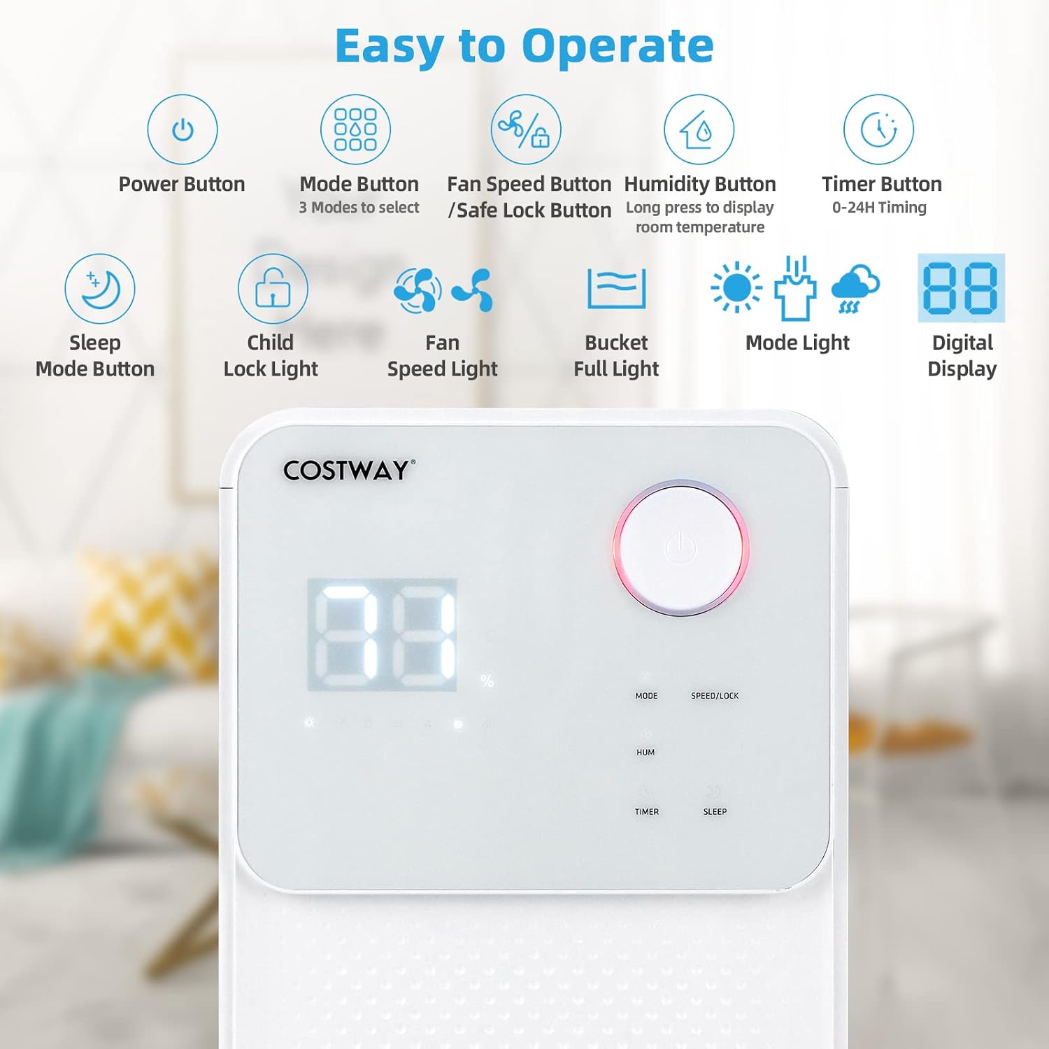 COSTWAY 2000 Sq. Ft Dehumidifier for Large Room & Basement, 32 Pint Dehumidifier with Drain Hose, 4 Modes, 2 Speeds, 24H Timer, Auto Defrost, 3-Color Digital Display