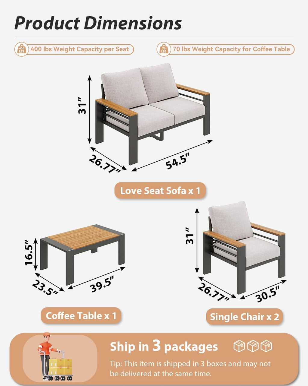 Aoxun Patio Furniture Set, 4 Piece Aluminum Patio Sets with 5' Thicken & Washable Cushion, Waterproof Outdoor Furniture with Coffee Table, Outdoor Couch Sectional for Backyard, Porch and Garden
