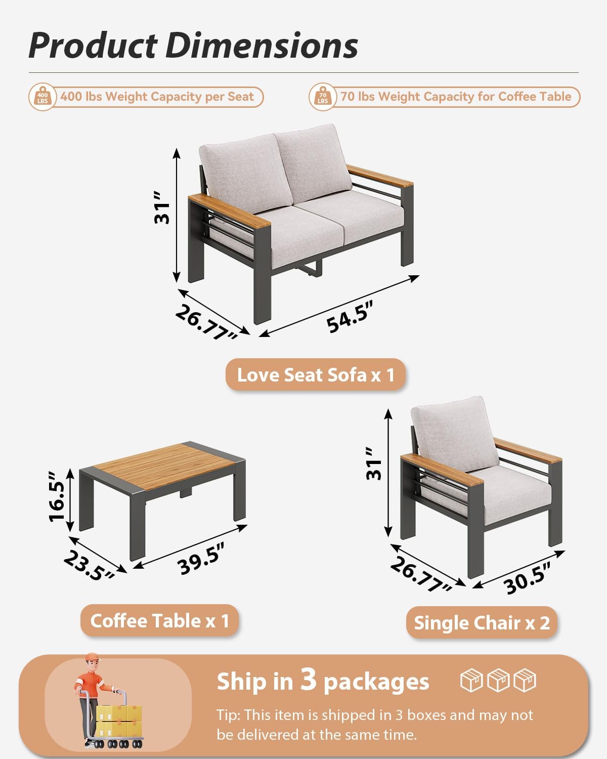 Aoxun Patio Furniture Set, 4 Piece Aluminum Patio Sets with 5' Thicken & Washable Cushion, Waterproof Outdoor Furniture with Coffee Table, Outdoor Couch Sectional for Backyard, Porch and Garden
