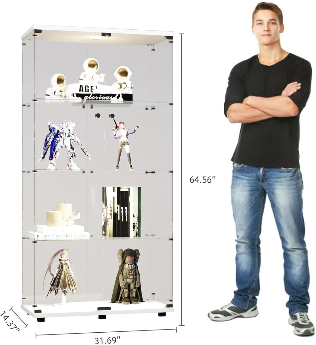 Modern 4-Tier Shelf Glass Curio Collection Display Case Cabinet with 2 Door in Clear, Showcase with Lock for Collectibles, Trophy, Action Figure 31' W x 14.3' D x 64.5' H