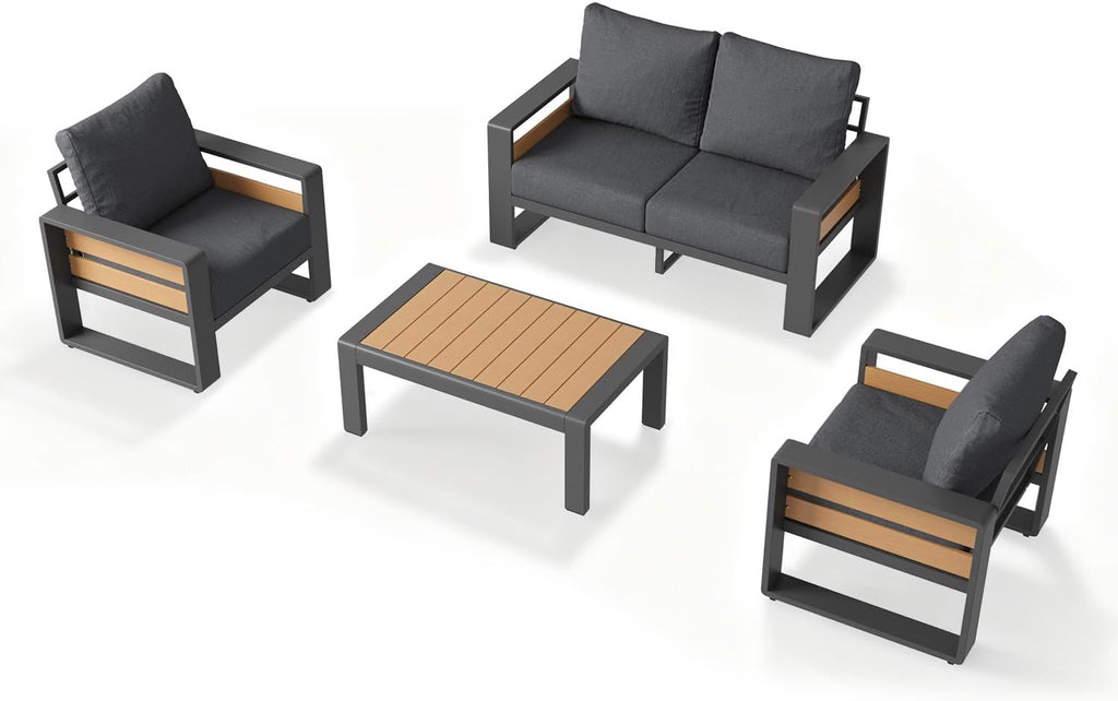 Aoxun Aluminum Patio Furniture Set, 4 Piece Luxury Outdoor Sectional with 6' Olefin Fabric Cushions, Patio Conversation Sets with Coffee Table and Waterproof Cover for Backyard, Porch Dark Grey
