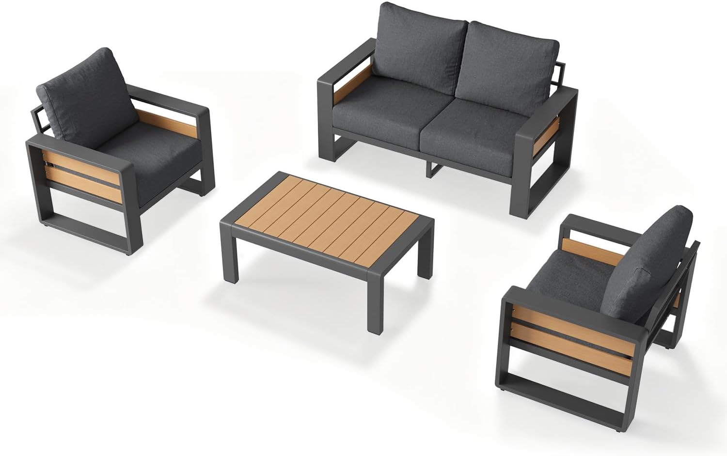 Aoxun Aluminum Patio Furniture Set, 4 Piece Luxury Outdoor Sectional with 6' Olefin Fabric Cushions, Patio Conversation Sets with Coffee Table and Waterproof Cover for Backyard, Porch Dark Grey