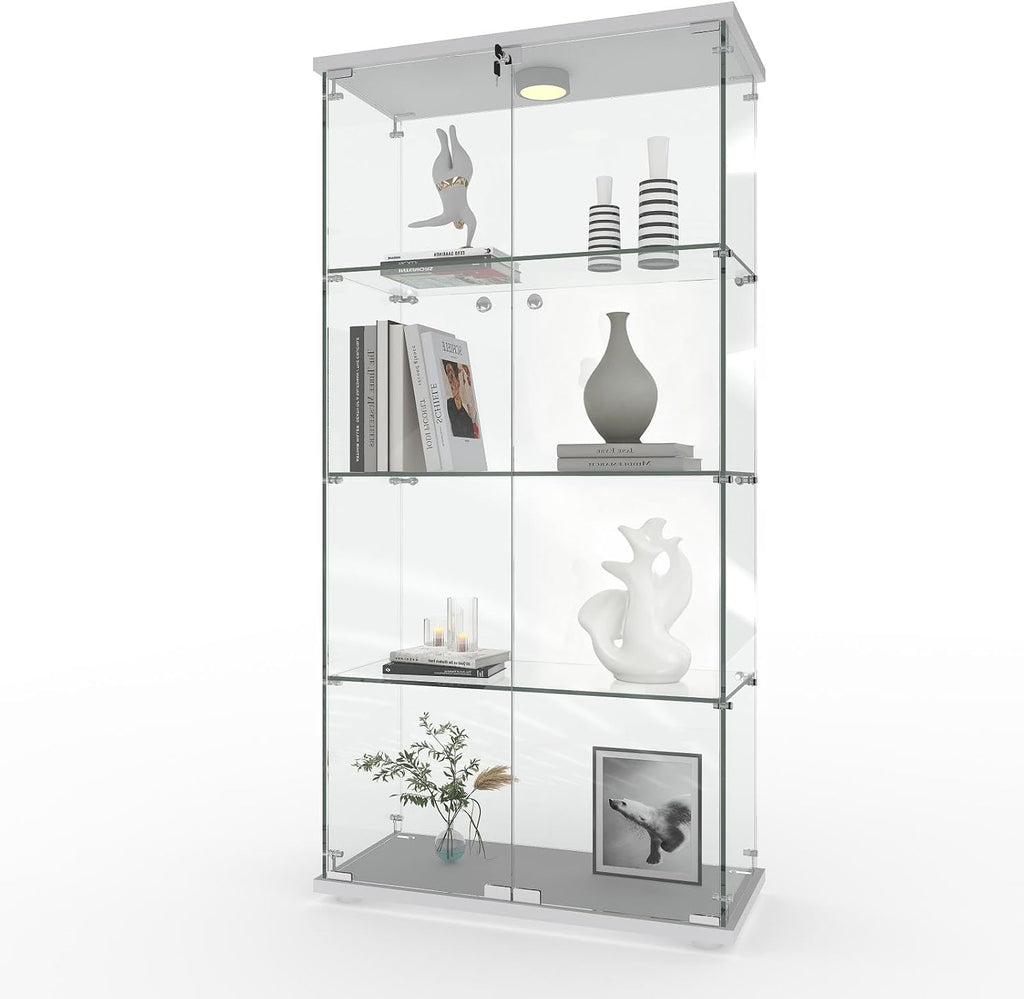 GarveeHome 4 Shelves Display Cabinet, Tempered Glass Curio Showcase with LED Light & Lock, Double Doors Storage Cabinet for Living Room Bedroom Office, White, 64x31.7x14.3 Inch