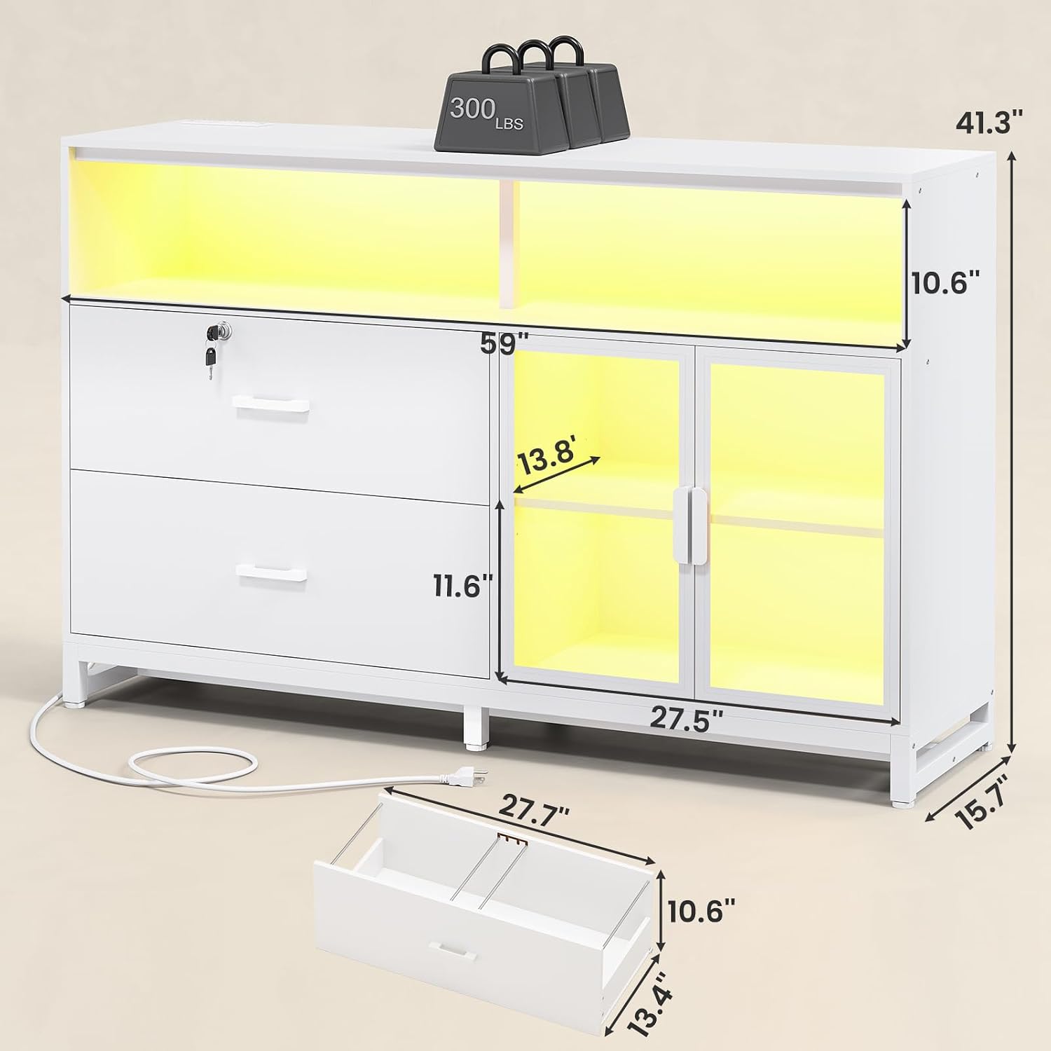 SEDETA 59' File Cabinet, 2 Drawers Filing Cabinets for Home Office fit Legal/Letter/A4 File, File Cabinet with Lock & Power Outlets, Printer Stand with Storage & LED Lights, White