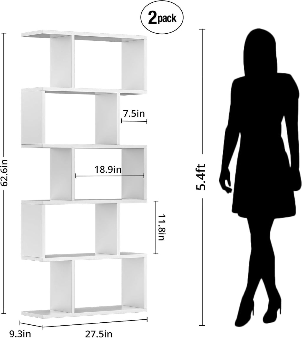 DIYART 5-Tier Geometric Bookcase (Set of 2), 62.6' Tall S-Shaped Bookshelf & Room Divider, Modern White Freestanding Display Shelving Unit for Living Room, Hallway, Home Office