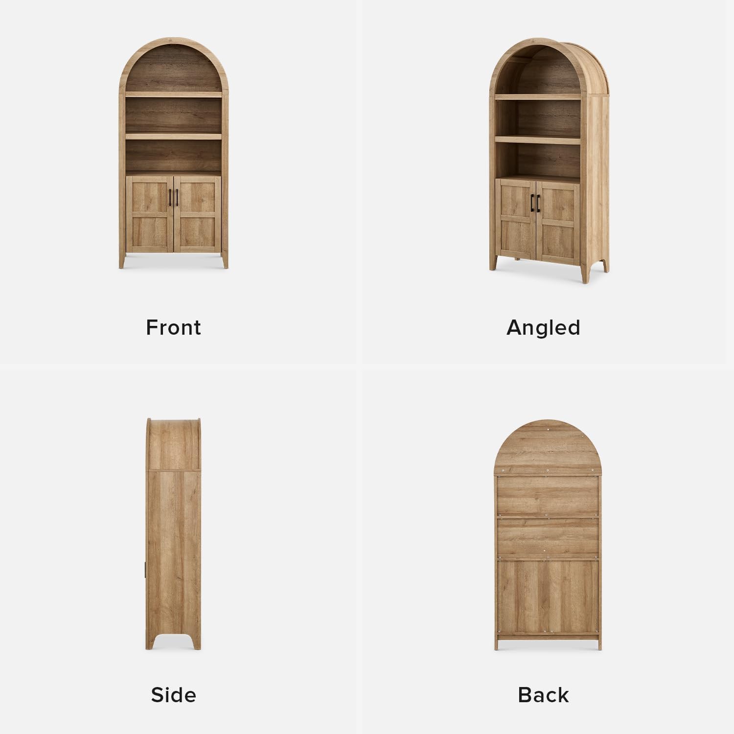 mopio Lauren 65.4' Short Arched Cabinet, 5-Tier Arched Bookcase with Doors and Shelves, Mini Arch Bookshelf with Storage, Wooden Storage Cabinet for Living Room and Kitchen Pantry (Set of 2, Oak)