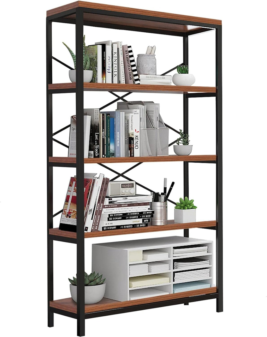 Himimi Industrial Bookshelf 5-Tier, Bookcase 58' H Ladder Shelf, Storage Shelves Rack Shelf Unit, Accent Furniture Metal Frame, Home Office Furniture for Bathroom, Living Room, Vintage Brown