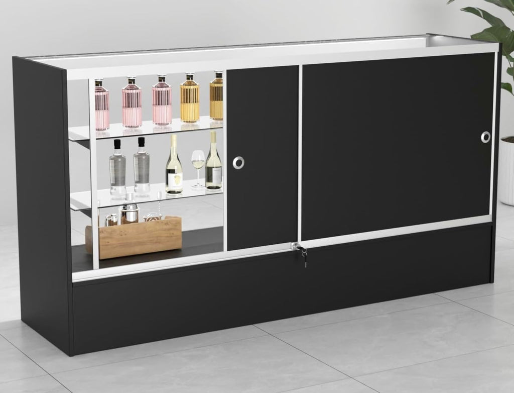 WISDOMFUR Full Vision Display Cabinet – 72' Glass Showcase with LED Light, Adjustable Shelves, Locking Sliding Doors – Retail Display Counter with Black Wood Base