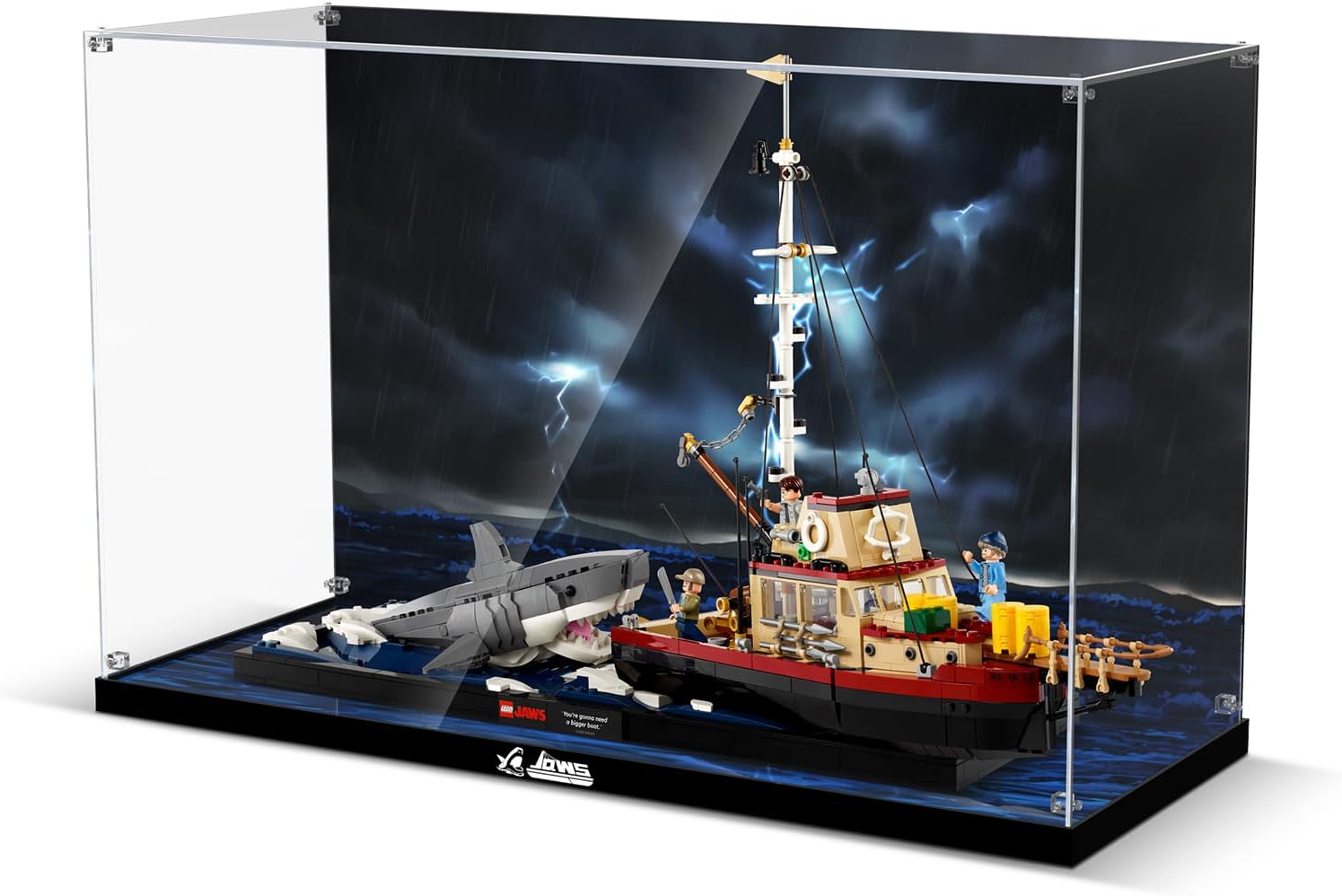 Acrylic Display Case for Lego Jaws Set, Dustproof Display Box Compatible with Lego 21350 (ONLY Box, NOT Model) Clear Acrylic Plate with Base & HD Painted
