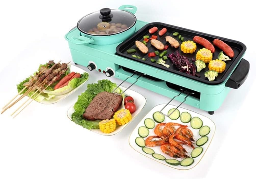 Electric BBQ Grill Indoor Electronic Smokeless Grill Indoor Non Stick Pan Electric Barbecue Grill with Hot Pot 2 In 1 Large Capacity Household Multifunctional Hotpot Grill