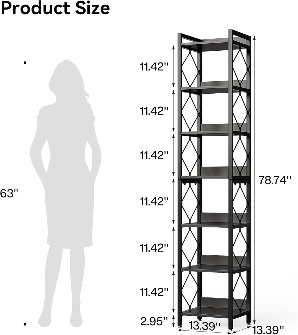 LITTLE TREE Book Shelf Set of 2, 7-Tier Tall Bookcase, Wooden Display Shelves with Metal Frame for Living Room, Modern Narrow Standing Bookshelves for Bedroom, Black Office Shelf for Small Spaces