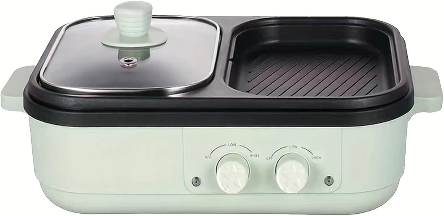 Electric Hot Pot Barbecue Pot, Shabu Pot BBQ Contact Grills with Dual Disc Design, Food Barbecue Grill Skillets for Family Gatherings, Double Temperature Control 1300W,green