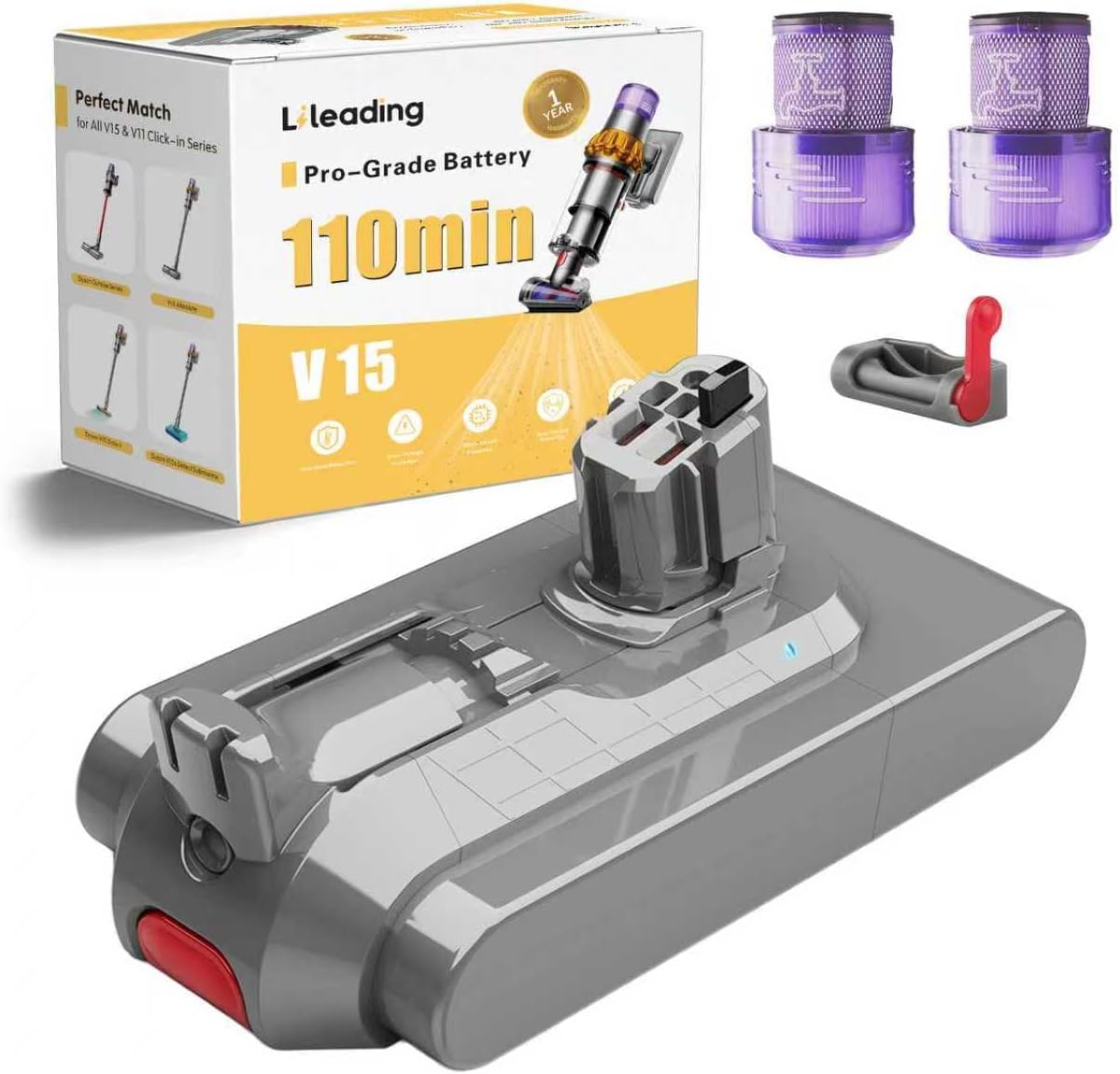 110-Min V15 Battery Replacement, Compatible with Dyson V15 Detect, V11 Torque Drive, Animal, Outsize, SV15, SV17, SV22, SV47, 967838/970013-02/03, 25.2V, Switch Lock & Filters