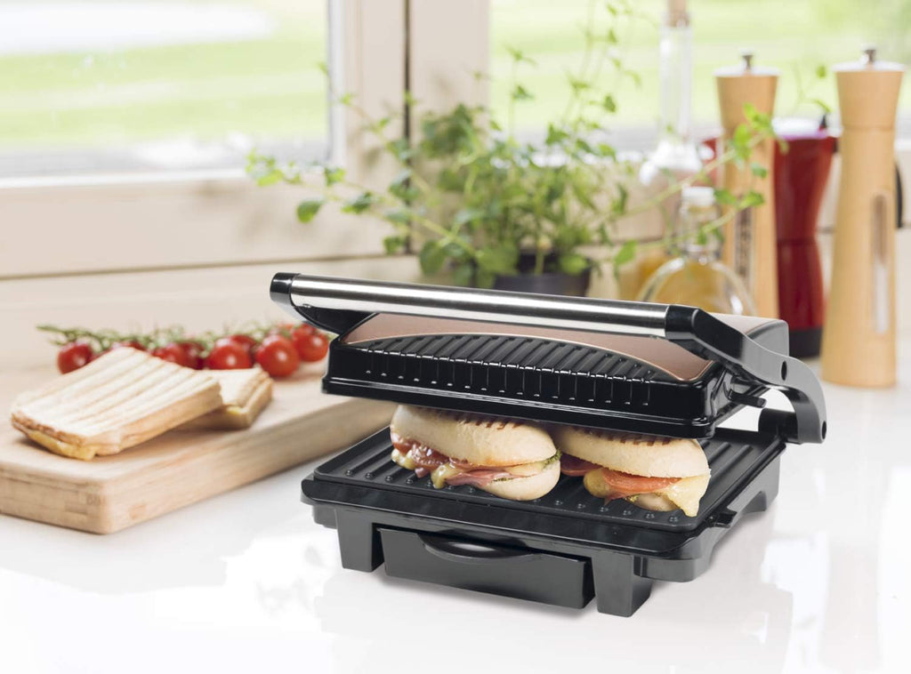 Bestron Electric Sandwich Maker, Panini Non-Stick Contact Grill, with Drip Tray, 1000W, Colour: Copper