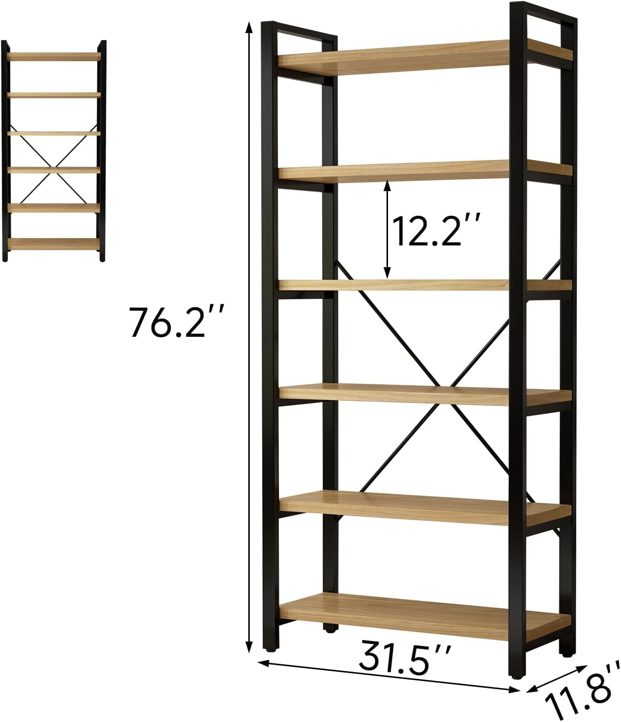 WH-AOERPUMY Real Solid Wood Rustic Vintage Industrial Etagere Bookshelf, Metal & Timber Free Vintage Bookcase, Retro Brown (Genuine Timber) (6-Tiers-Natural Finish)