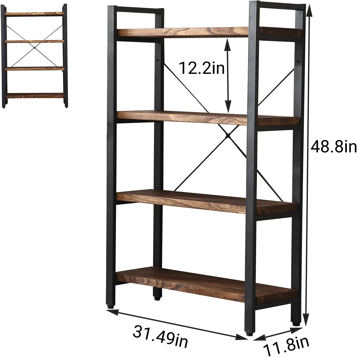 WH-AOERPUMY Solid Wood Bookshelf,4 Tier Rustic Vintage Industrial Etagere Bookcase, Open Metal and Wood Vintage Book Shelf, Retro Brown (RealWood)(4-Tier)