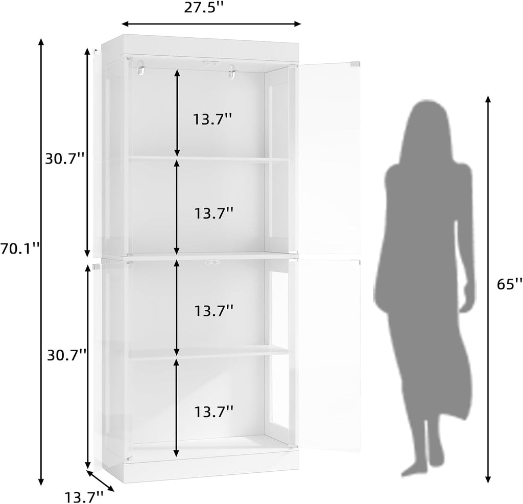 70.1' Display Cabinet with Glass Doors,4-Tier Curio Cabinet for Collectibles, Tempered Glass Display Case with Handleless Design for Living Room, Office, Kitchen，White