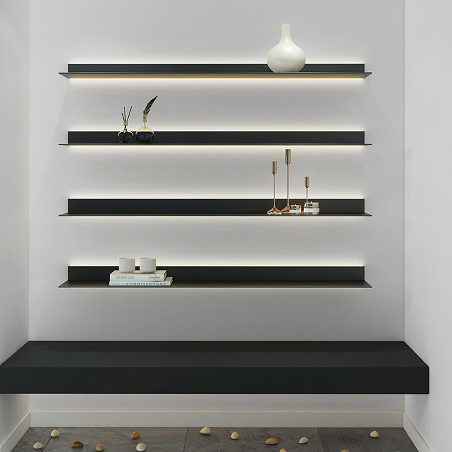 EMYJAY Light-Emitting Shelves，Wall Mounted Light-Emitting Shelves Floating Display Shelf Can Light Up The Room Various Decorations and Photo Frames (Color : Black, Size : 150x20x6cm)
