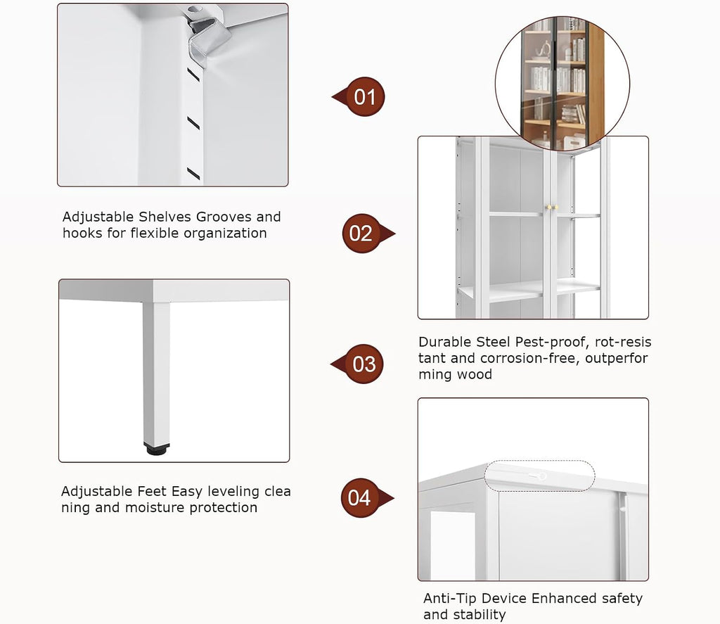 Display Cabinet with Glass Doors, 66' Curio Cabinet with 3 Ajustable Shelves, 4 Tier Display Case for Collectibles, Bookcase with Doors for Living Room