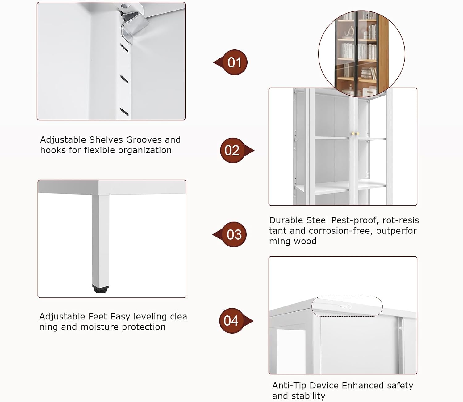 Display Cabinet with Glass Doors, 66' Curio Cabinet with 3 Ajustable Shelves, 4 Tier Display Case for Collectibles, Bookcase with Doors for Living Room