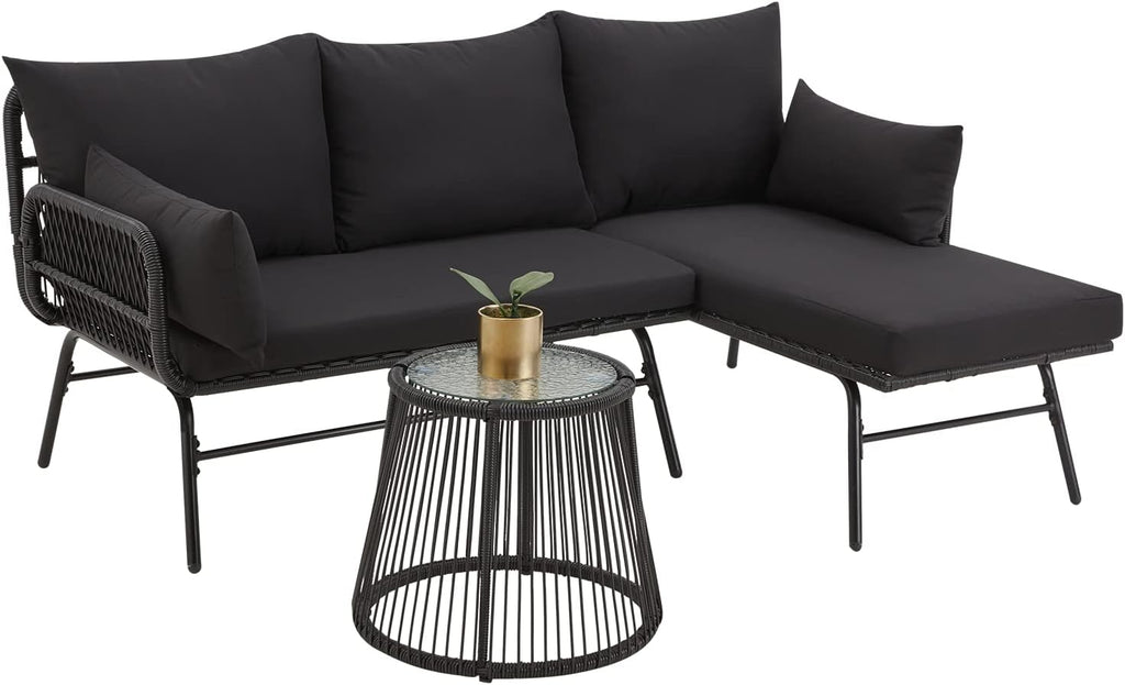 EROMMY 3 Piece Patio Conversation Sets, L-Shaped Sectional Patio Furniture Sofa Set with Thick Cushions and Toughened Glass Coffee Table for Backyard Balcony Garden Porch, Black