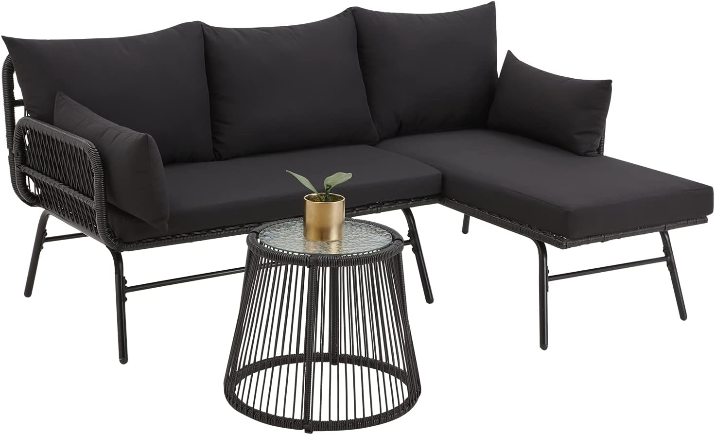 EROMMY 3 Piece Patio Conversation Sets, L-Shaped Sectional Patio Furniture Sofa Set with Thick Cushions and Toughened Glass Coffee Table for Backyard Balcony Garden Porch, Black