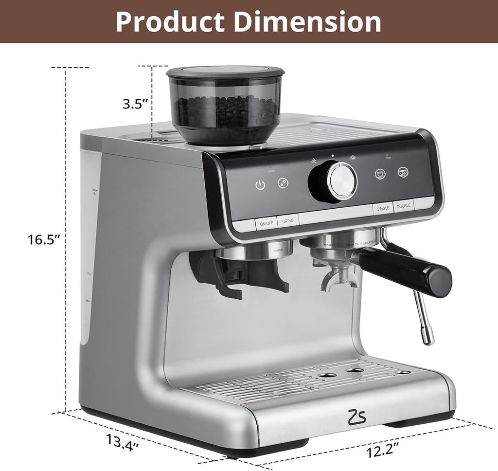 Espresso Machine with Grinder & Milk Frother - 20 Bar Professional Coffee Maker with 95 oz Removable Water Tank for Home Brewing Lattes and Cappuccinos - Stainless Steel