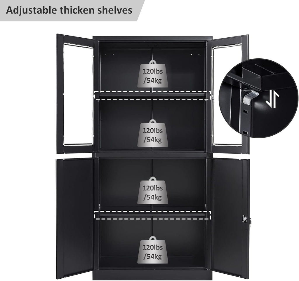 SISESOL Display Cabinet with Glass Doors and Lock,Black Metal Storage Cabinet,Freestanding Locking Kitchen Pantry Cabinets with Doors and Shelves for Home Office,Pantry,Kitchen Bathroom