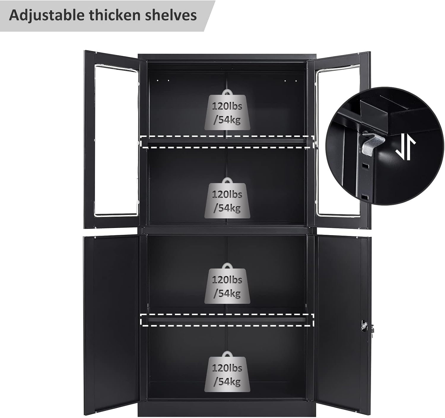 SISESOL Display Cabinet with Glass Doors and Lock,Black Metal Storage Cabinet,Freestanding Locking Kitchen Pantry Cabinets with Doors and Shelves for Home Office,Pantry,Kitchen Bathroom