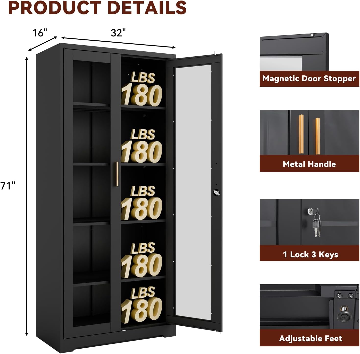 71' Metal Display Cabinet with Glass Doors, Locking Curio Cabinets with 4 Adjustable Shelves, Glass Display Case for Collectibles, Metal Storage Cabinet