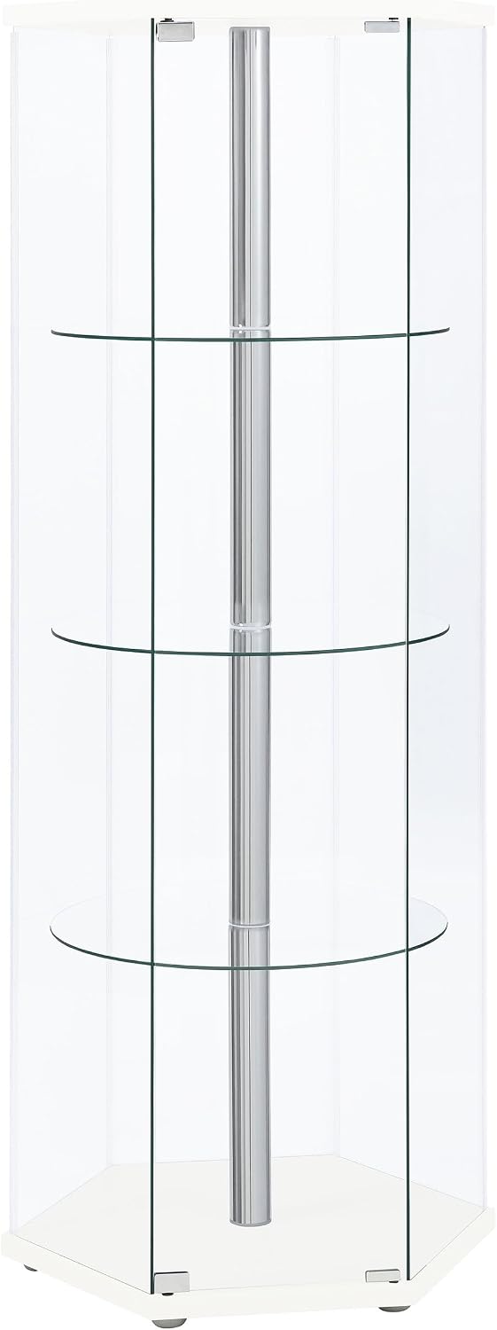Coaster Home Furnishings - Zahavah - 4-Shelf Glass Curio Cabinet with Hexagonal Shape, Clear Door, Tempered Glass Shelves, and Push-to-Open Door - Living Room - White - 950001