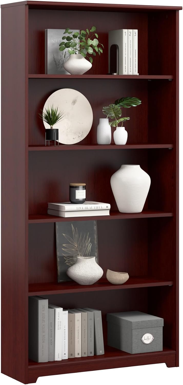 Bush Home Tall 5 Shelf Bookcase, Large Open Bookshelf, Sturdy Display Cabinet for Living Room or Home Office, Cabot Collection, Harvest Cherry