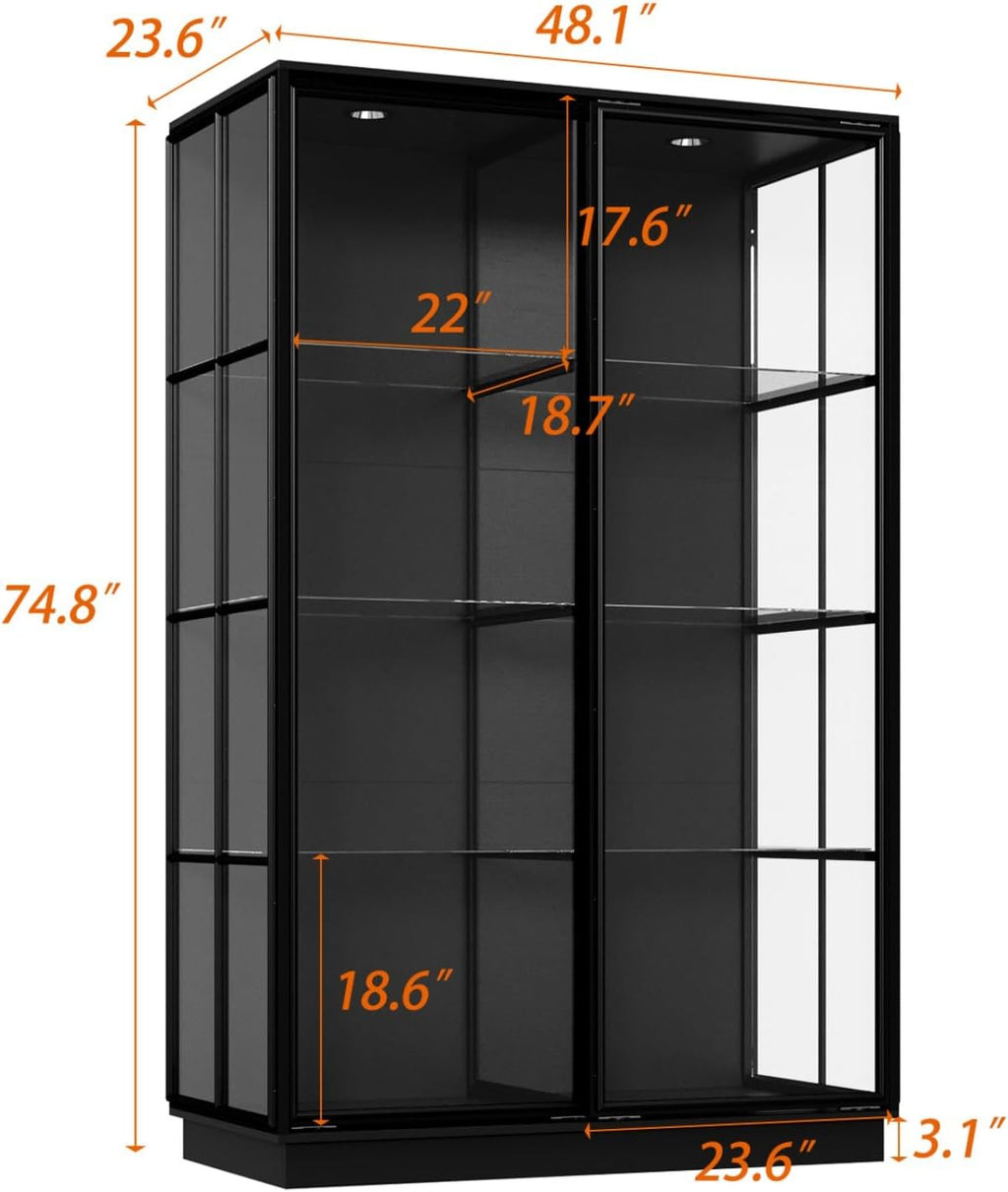 Large Display Cabinet with Glass Shelving & Sliding Doors, Trophy Case Glass Cabinet with Spotlights Black 48.1'W x 23.6'D x 74.8'H