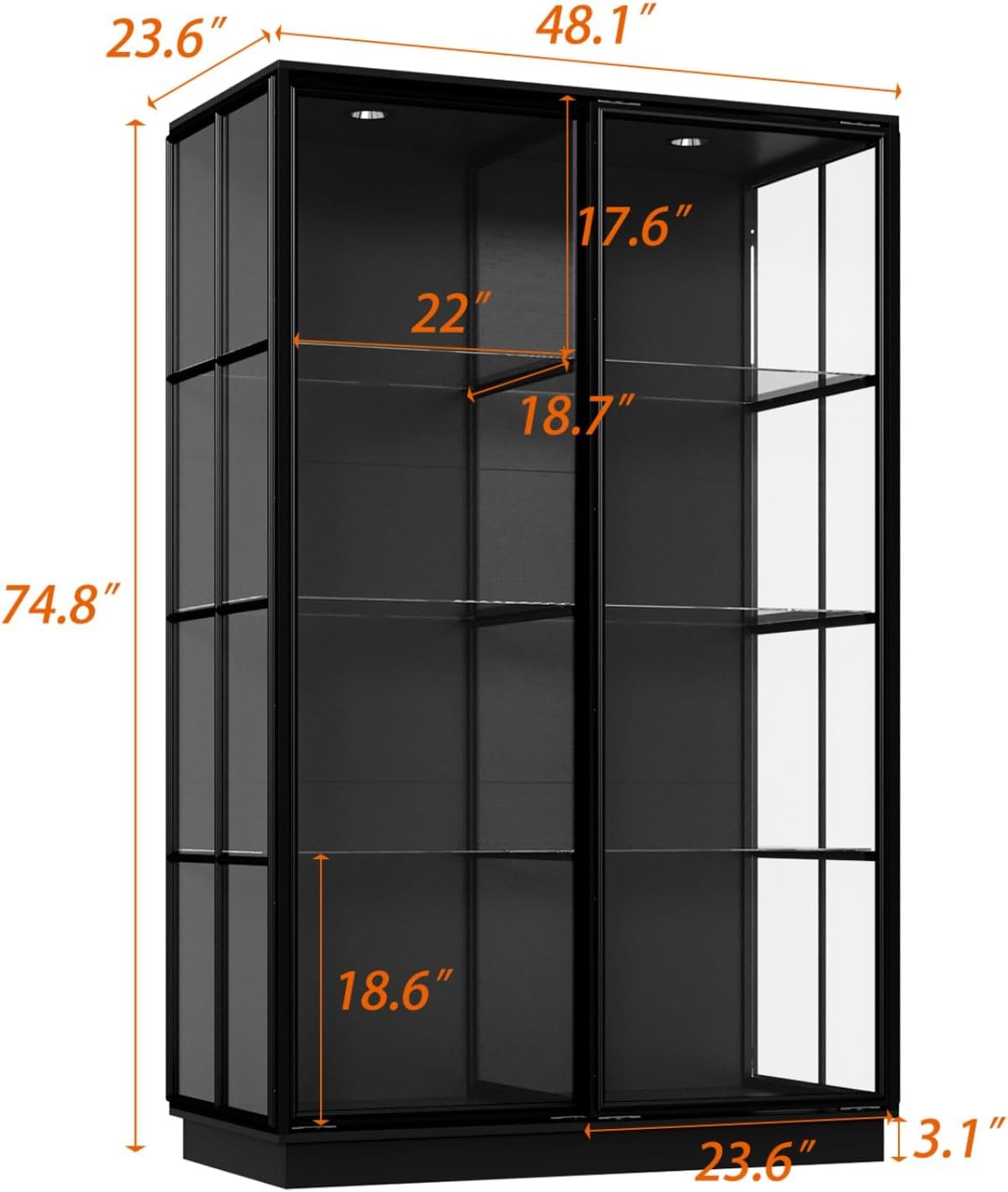 Large Display Cabinet with Glass Shelving & Sliding Doors, Trophy Case Glass Cabinet with Spotlights Black 48.1'W x 23.6'D x 74.8'H