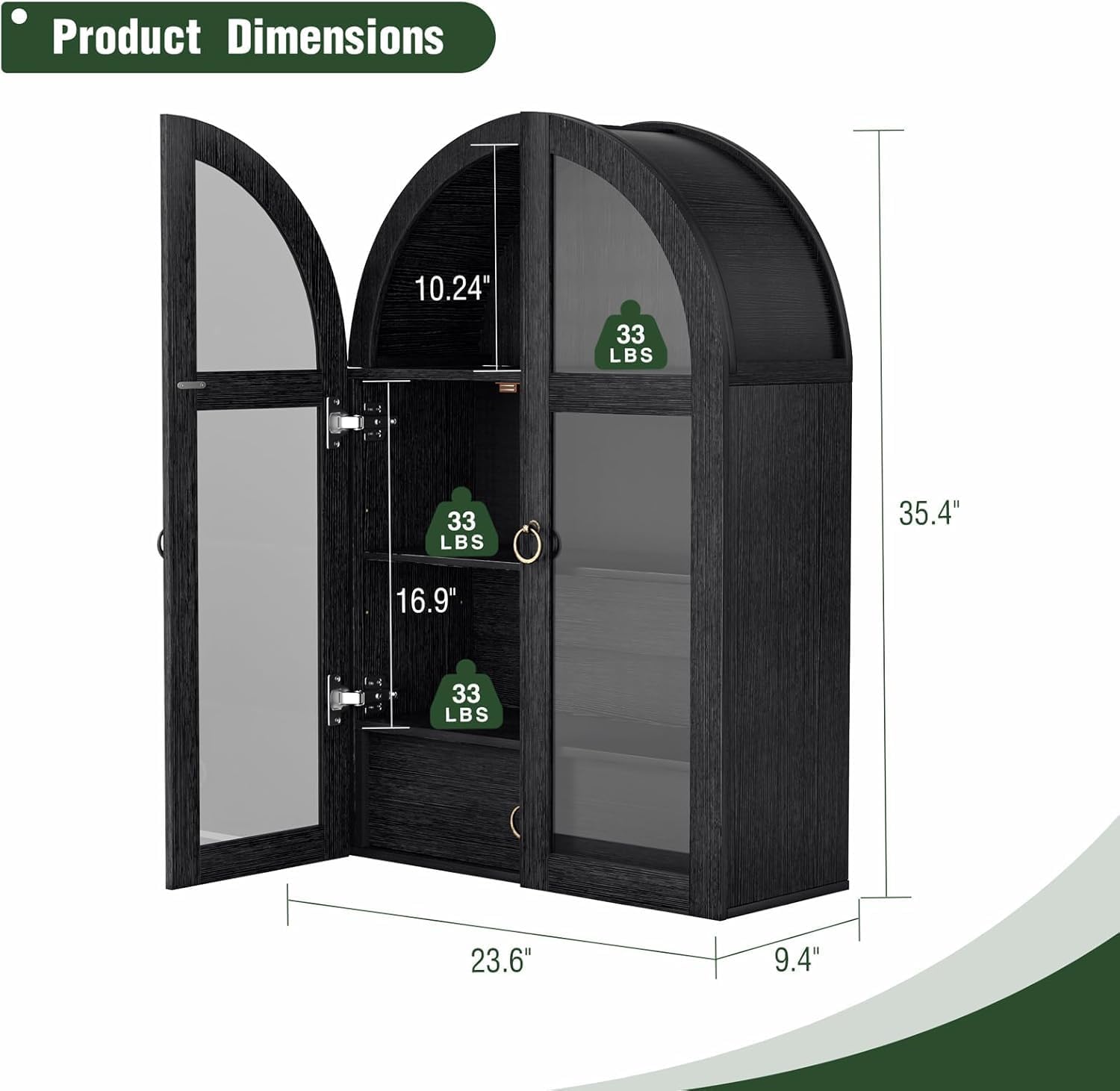 Arched Wall Cabinet with Tempered Glass Doors, 23.5×31.4 Inch Hanging Storage Cabinet with Adjustable Shelf, Glass Display Cabinet for Bathroom, Kitchen, Living Room, Black