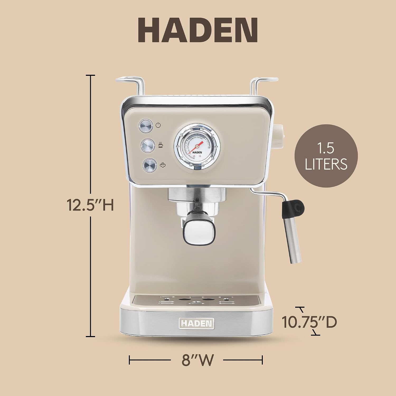 HADEN Barista Brew Espresso Coffee Machine, Stainless Steel Espresso Maker with Milk Frother and Steamer Function and 1.5L Water Tank, Putty & Copper