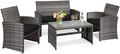 Tangkula 4 PCS Wicker Patio Conversation Set, Outdoor Rattan Sofas with Table Set, Patio Furniture Set with Soft Cushions & Tempered Glass Coffee Table for Poolside Balcony