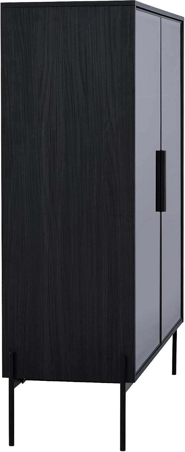 Merax 4 Tier Bookshelf Black Bookcase with Glass Door & 2 Drawers, 51.2' Tall Wood Display Cabinet with Metal Legs for Living Room, Bedroom, Office (Black)