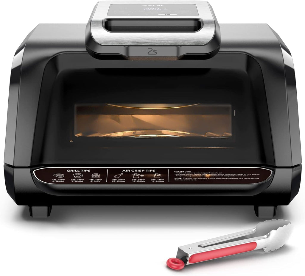 Indoor Grill Air Fryer Combo with See-Through Window, 7-in-1 Smokeless Electric Air Grill up to 450°F, 3000W Contact Grill with Non-Stick Removable Plates, Even Heat, Silicon Tongs as Gift, 4Qt