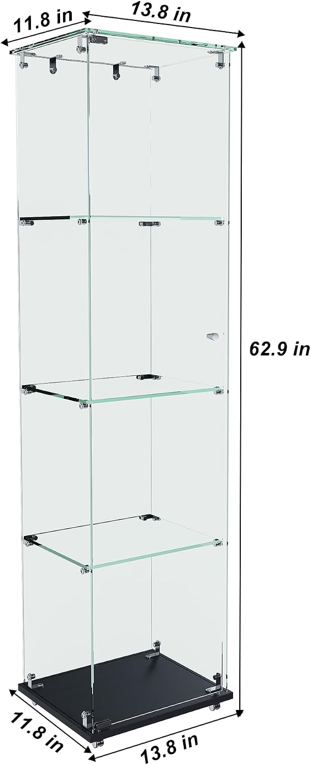 Runboll Glass Display Cabinet 4 Tiers with LED Light, Curio Cabinet with Wheels, Floor Standing Tempered Glass Showcase Display Shelf for Collectibles, Legos, Figures, Plants