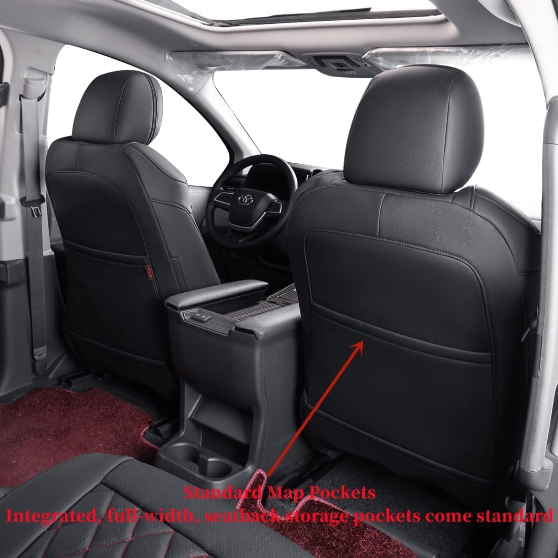 coverdream Sienna Leather Car Seat Covers Custom Fit for 2011-2020 Toyota Sienna LE,XLE,Limited,L,XLE Premium,Limited Premium,7-Seater,Full Coverage Car Seat Protector(Full Set,Black/Red Line)