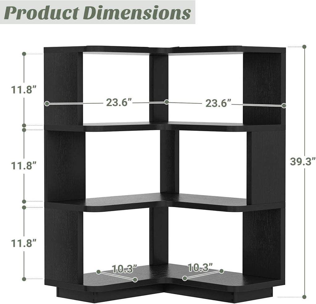 Armocity Corner Book Shelf - 4 Tier Corner Bookshelf Etagere Bookcase with Baffle, Freestanding L Shaped Display Shelf Stand for Home Office, Living Room, Bedroom, Kitchen, Black