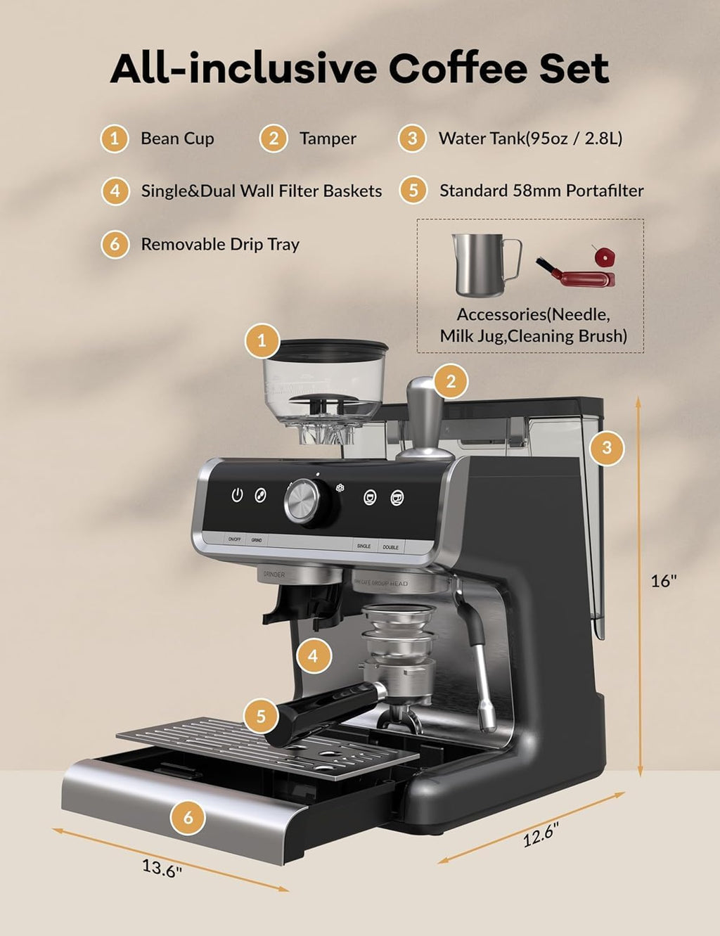 GarveeHome Espresso Machine, 20 Bar Semi Automatic Espresso Machine With Grinder and Milk Frother Wand, Professional Espresso Maker Coffee Machine With 95 oz Removable Water Tank