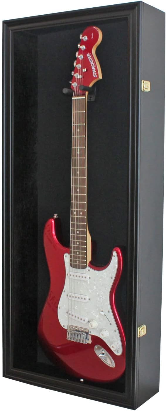 DisplayGifts 42' Electric Guitar Display Case Cabinet Shadow Box with Guitar Hanger Stand, Lockable UV Protection Black Felt Interior with Black Frame
