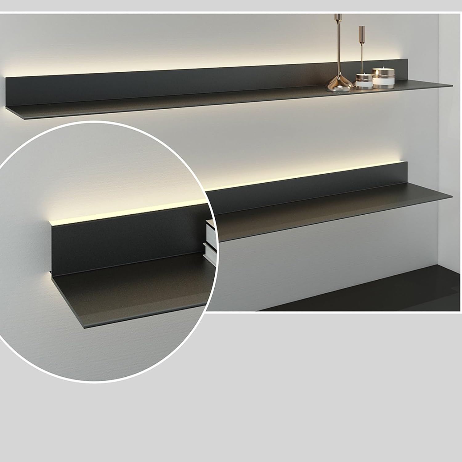 EMYJAY Light-Emitting Shelves，Wall Mounted Light-Emitting Shelves Floating Display Shelf Can Light Up The Room Various Decorations and Photo Frames (Color : Black, Size : 150x20x6cm)