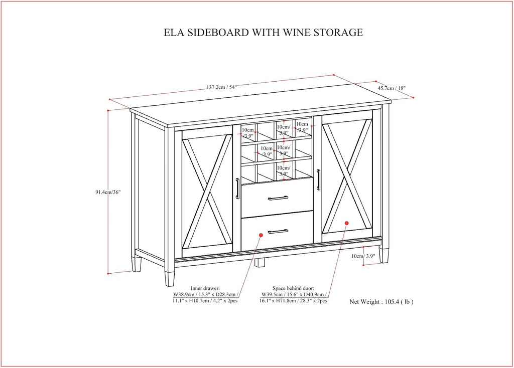 SIMPLIHOME Ela Solid Wood and Pine 54 inch x 18 inch Rectangle Transitional Sideboard with Wine Storage in Smoky Brown for The Dining Room and Kitchen
