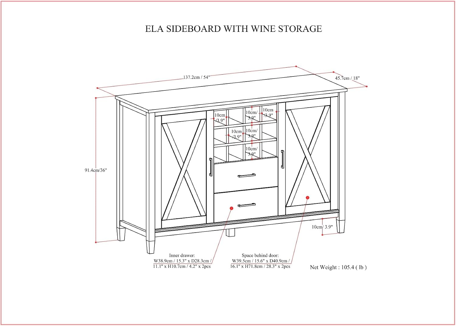 SIMPLIHOME Ela Solid Wood and Pine 54 inch x 18 inch Rectangle Transitional Sideboard with Wine Storage in Smoky Brown for The Dining Room and Kitchen