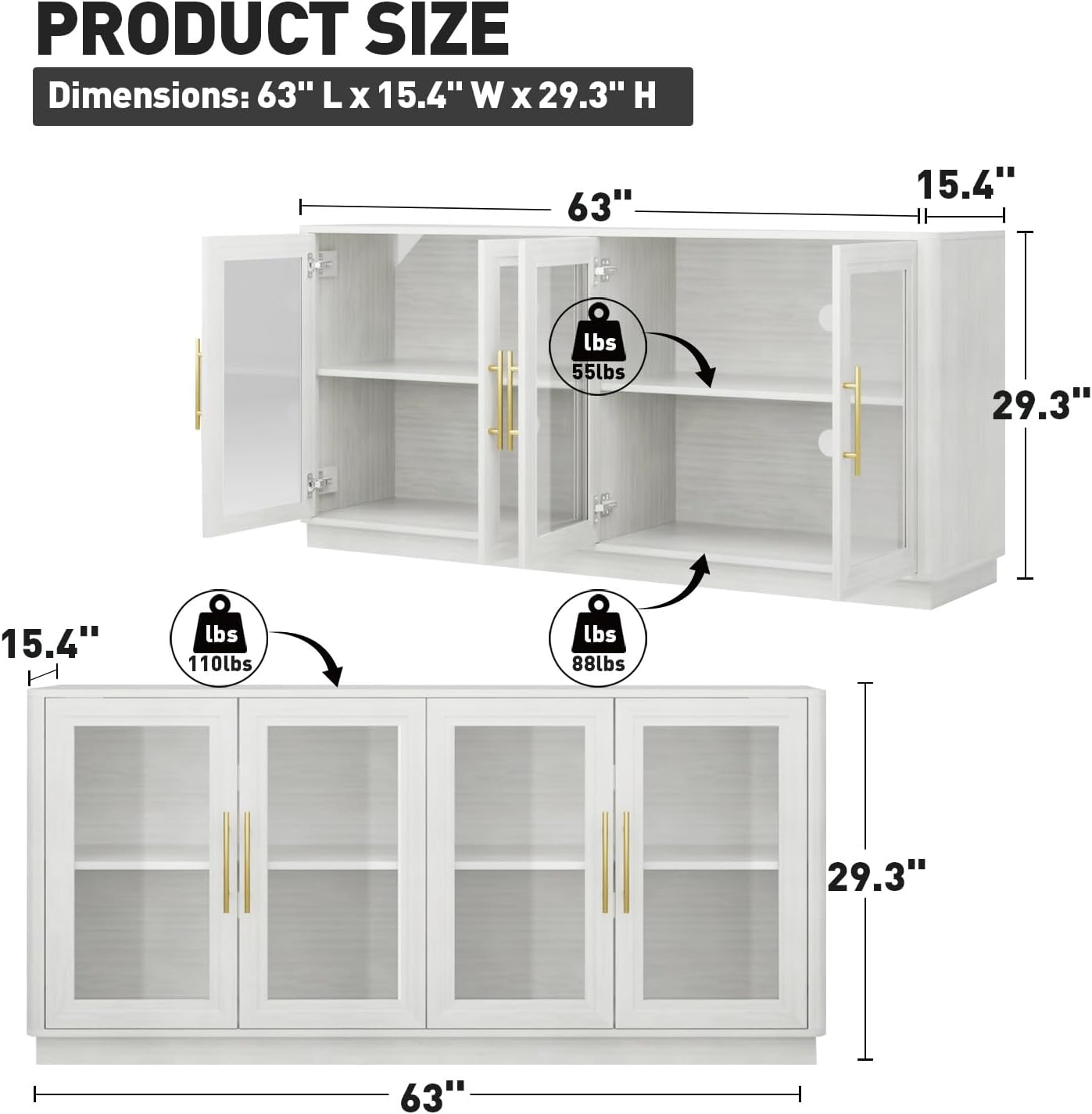 NEWOWNDS Buffet Cabinet with Storage,63' Large Sideboard,Kitchen Storage with 4 Glass Doors, Modern Glass Display Cabinet,Entryway Table for Dining Room,White