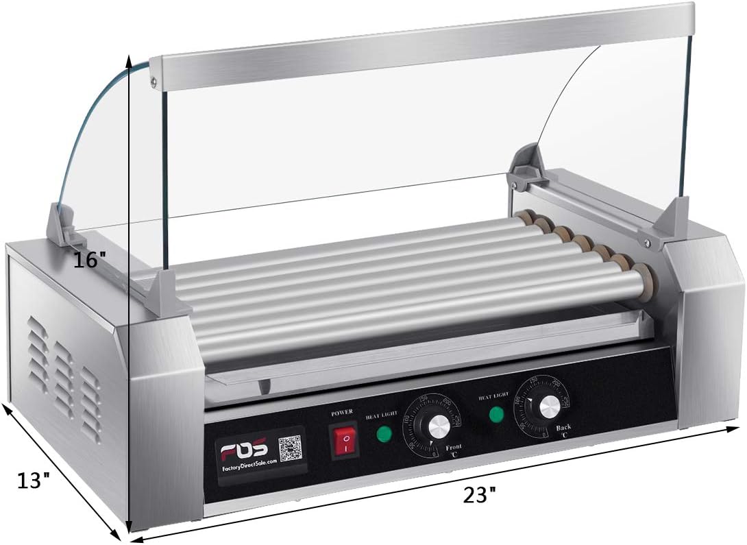 Safstar Commercial 18 Hot Dog 7 Non-Stick Roller Machine, Electric Hot Dog Sausage Grill Cooker Machine with Removable Stainless Steel Drip Tray & Glass Hood Cover, Countertop Hot Dog Roller Warmer