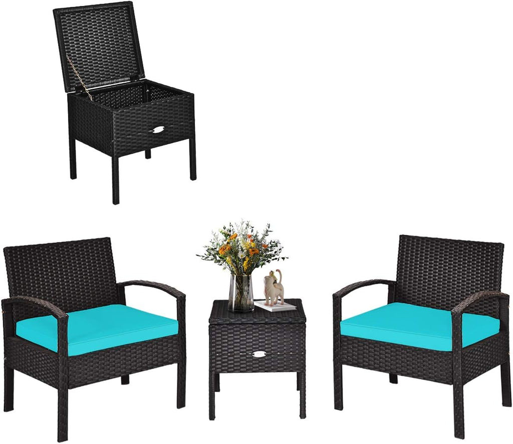 COSTWAY Rattan Patio Furniture Set 3 Pieces, Wicker Conversation Set with Tempered Glass Coffee Table, Seat Cushions, Outdoor Chair Wicker Sofa for Backyard Balcony Porch Poolside, Turquoise
